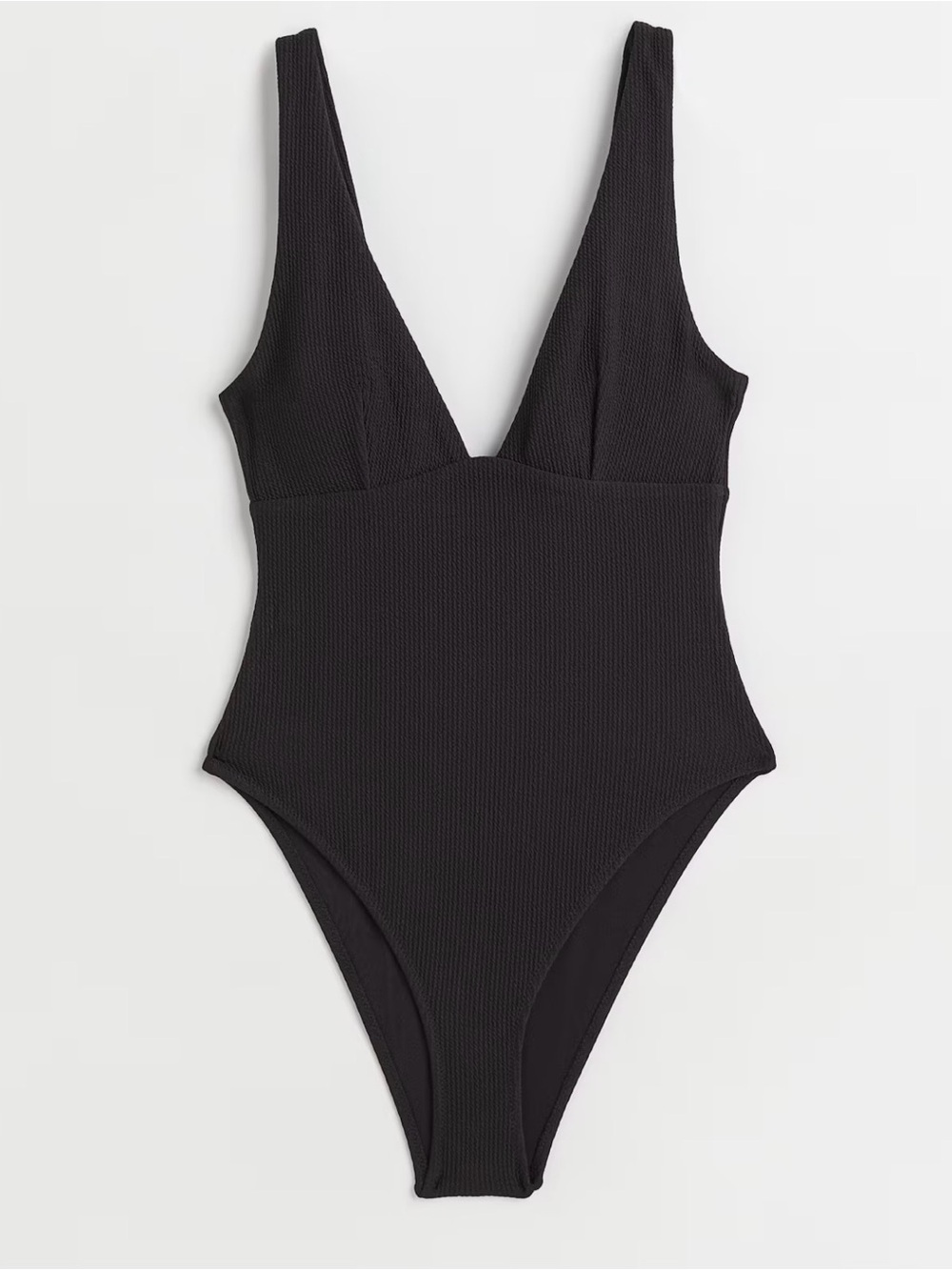 H&M Black High Leg Ribbed V-Neck One-Piece Swimsuit